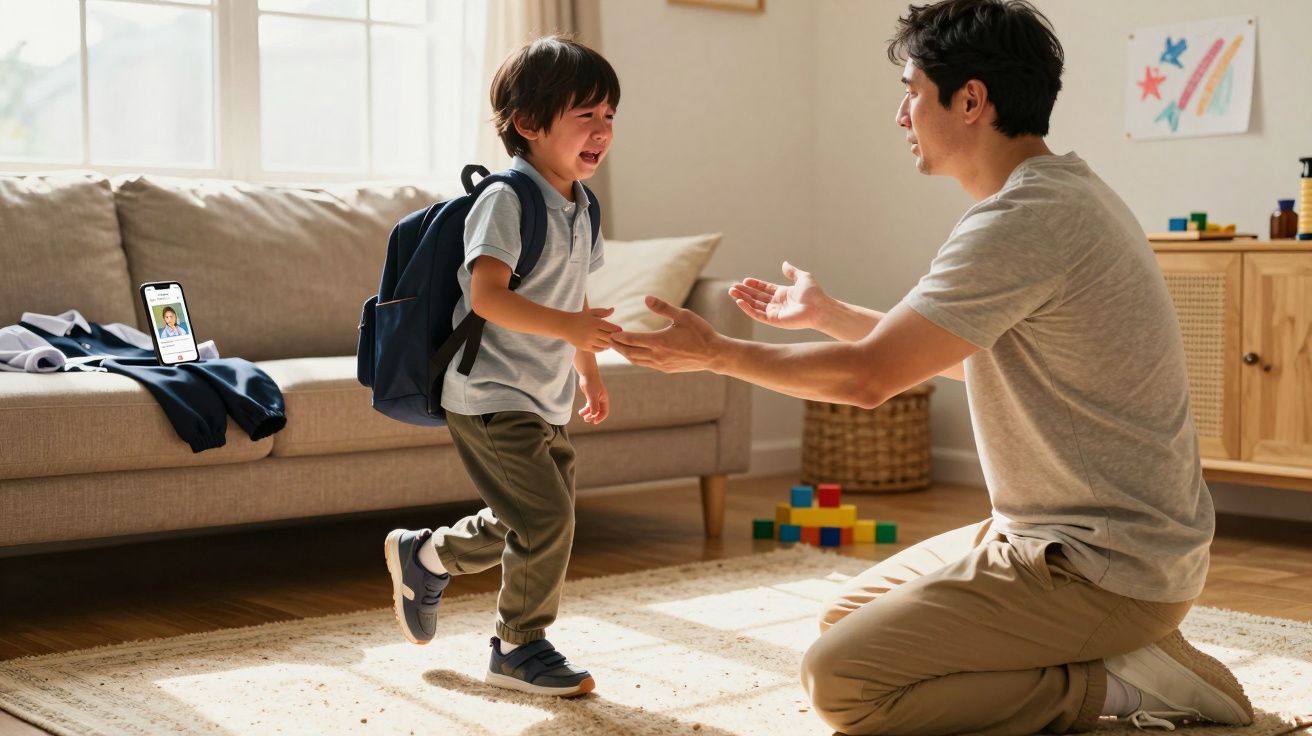Criança com mochila a correr para os braços do pai num ambiente doméstico iluminado e acolhedor.