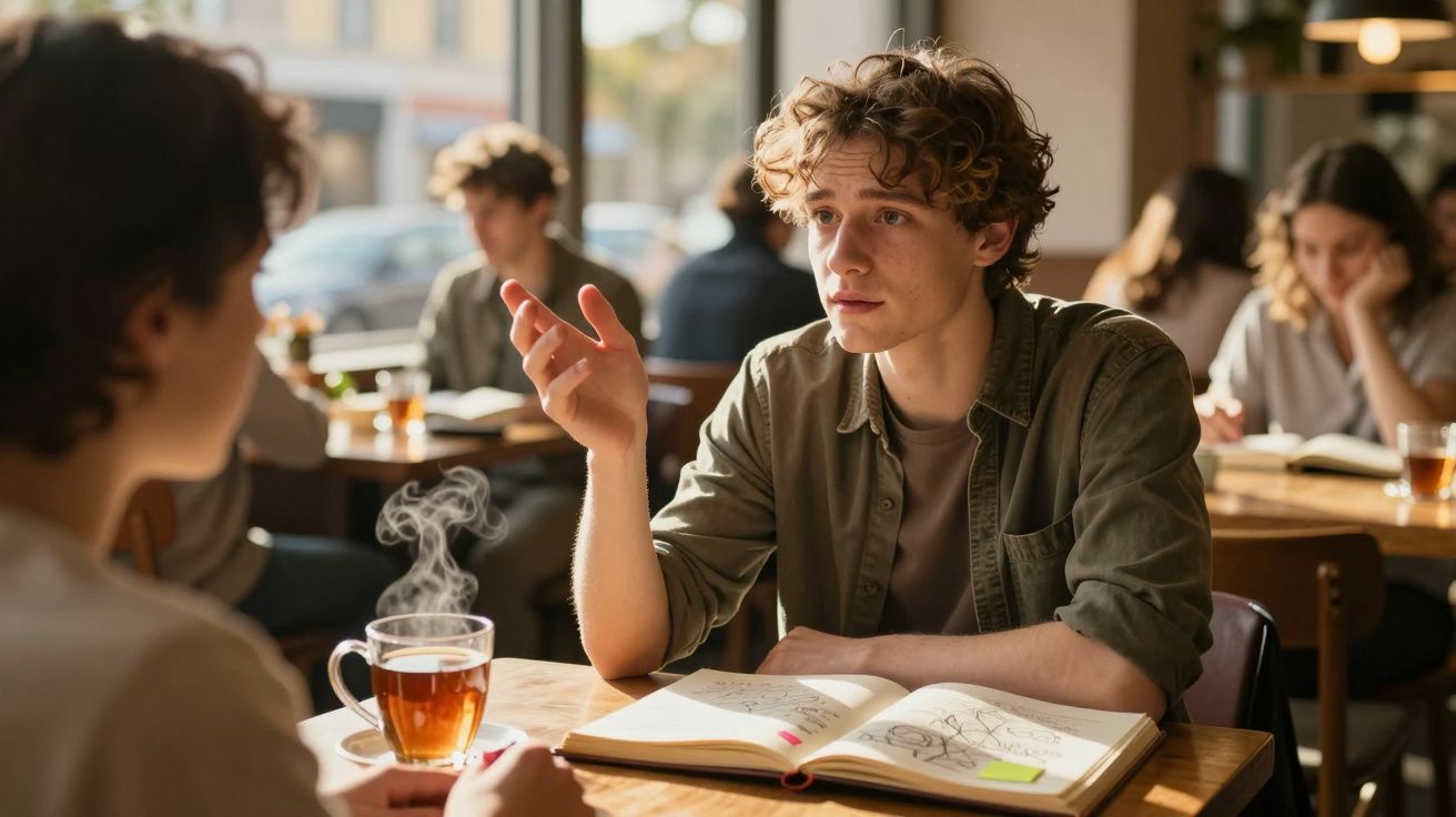 Dois jovens a conversar numa cafeteria, com chá quente e um livro aberto numa mesa de madeira.