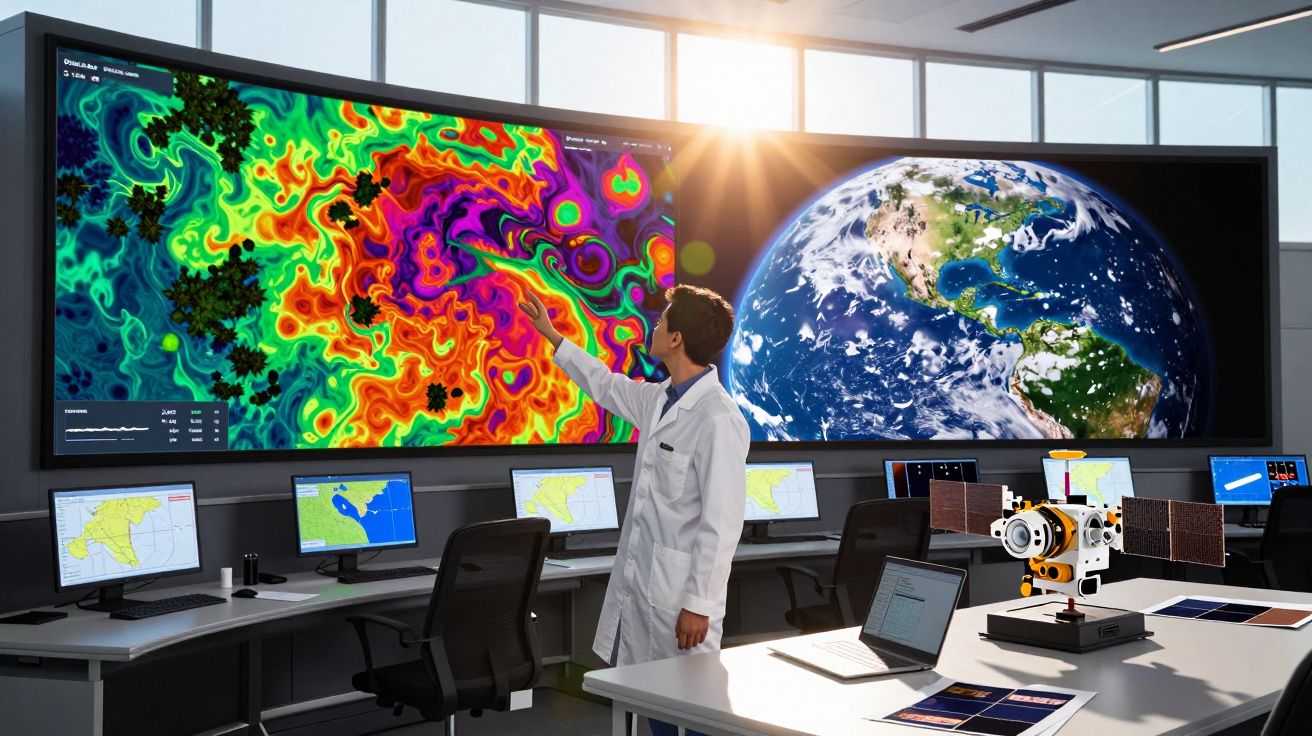 Cientista de bata branca aponta para ecrã colorido com mapa térmico ao lado de imagem da Terra em sala tecnológica.