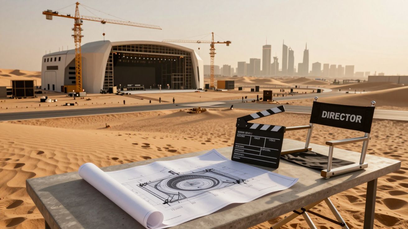 Estúdio de cinema em construção no deserto com mesa, planta, claquete e cadeira de diretor em primeiro plano.