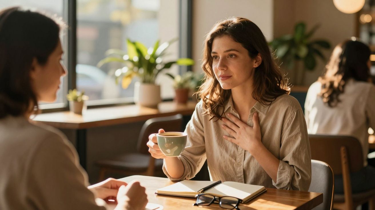 Mulher a conversar com outra num café, segurando uma chávena e com caderno em cima da mesa.
