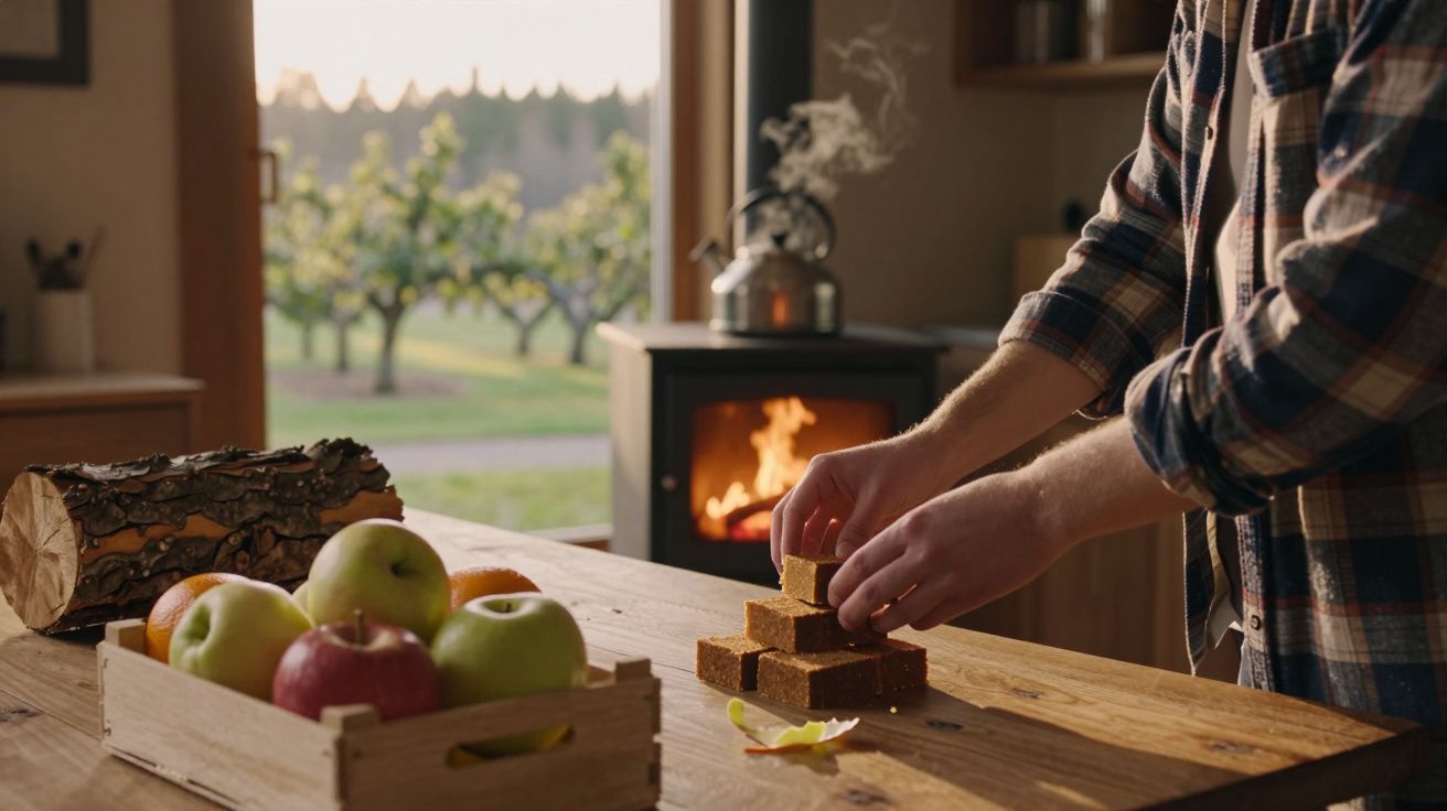 Pessoa a empilhar cubos de açúcar em madeira com frutos numa caixa e lareira ao fundo.
