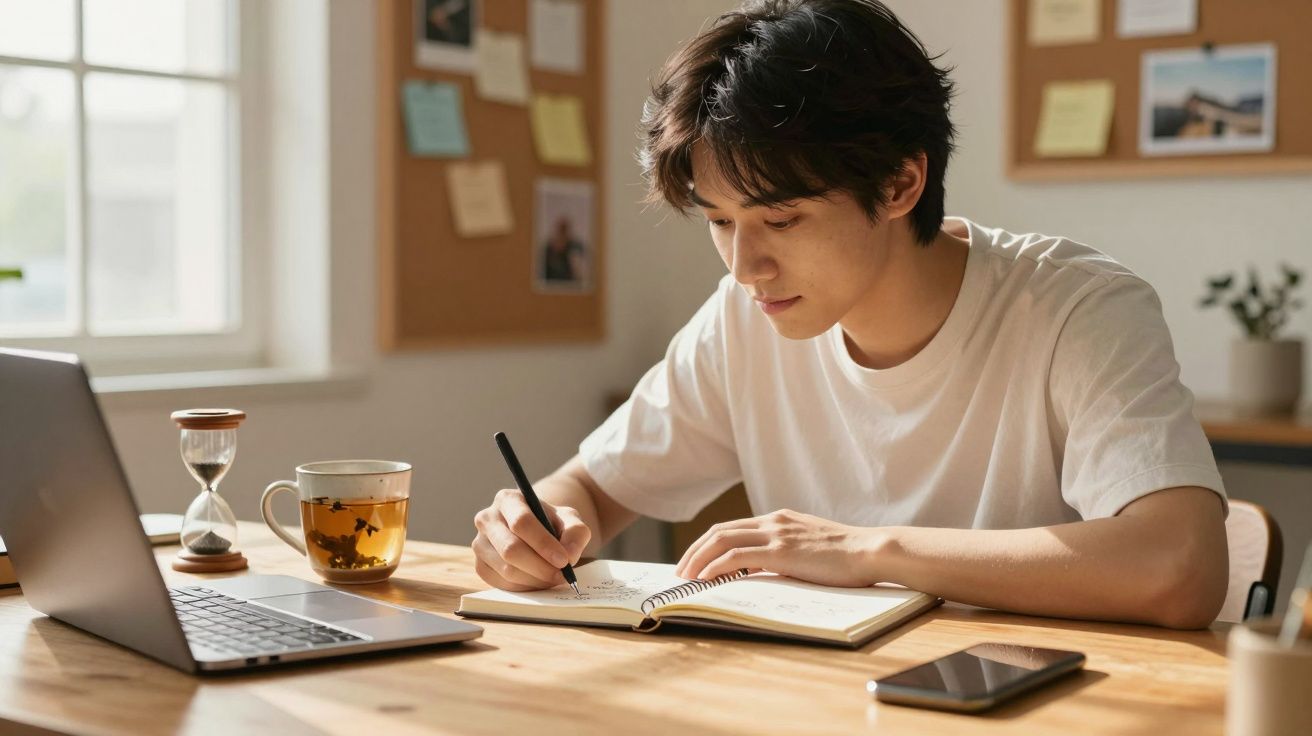 Jovem a escrever num caderno junto a um portátil, chá e telemóvel numa mesa de madeira iluminada por luz natural.