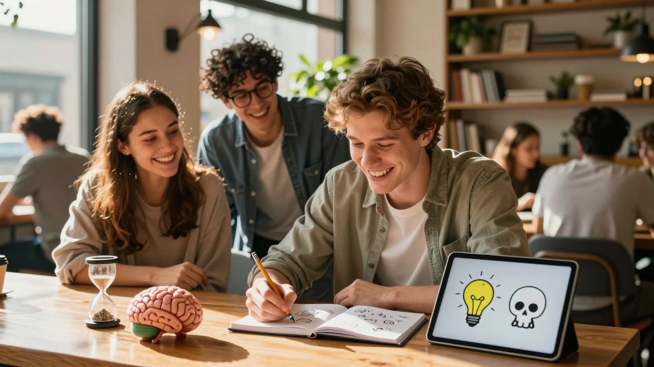 Grupo de jovens estudantes a trabalhar e sorrir numa biblioteca moderna e luminosa.