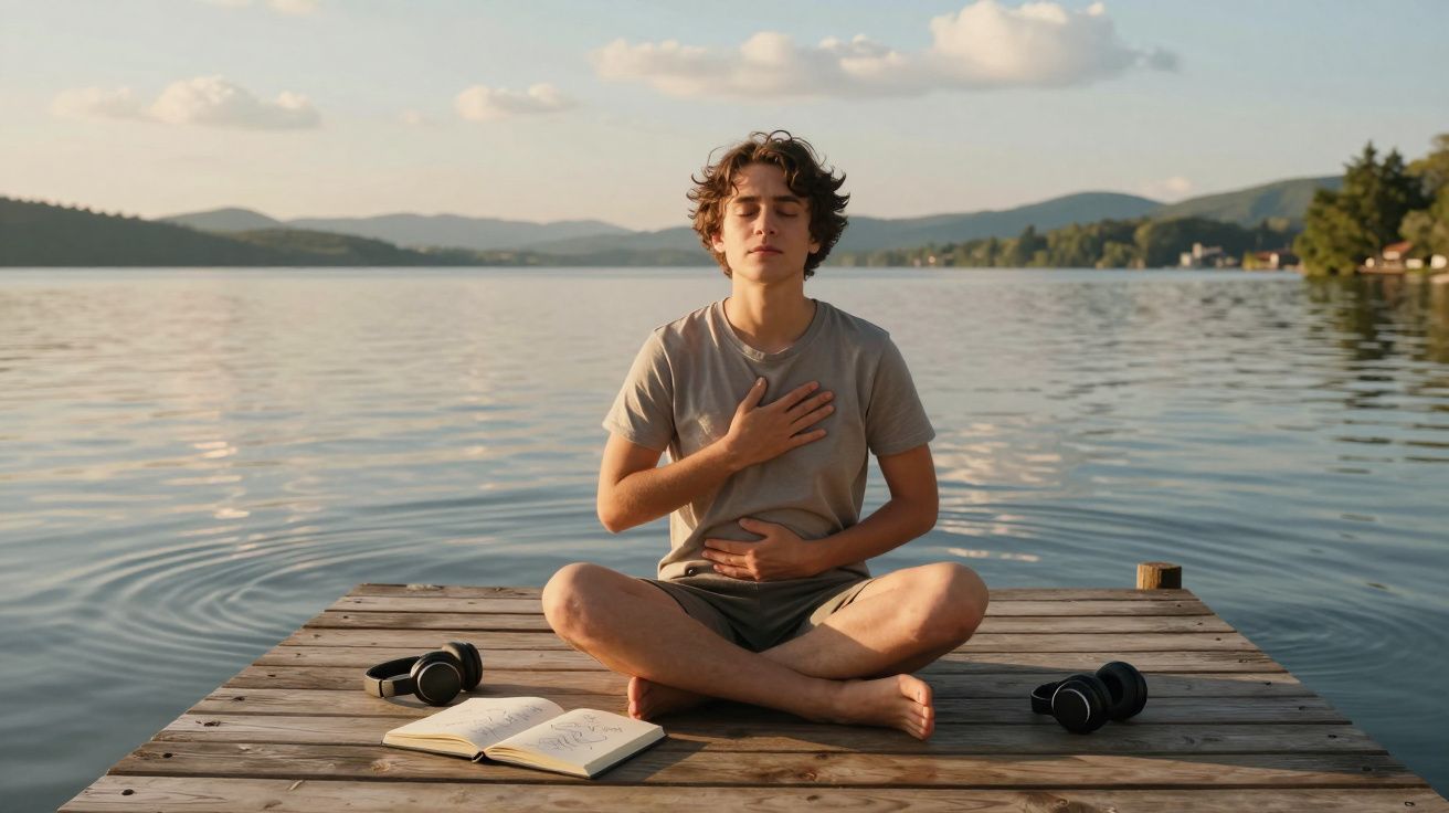 Jovem sentado em posição de meditação num cais à beira de um lago tranquilo ao entardecer.