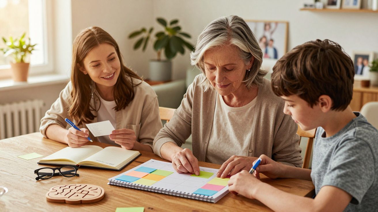 Mulher sénior e duas crianças a planearem atividades com post-its coloridos numa mesa em casa.