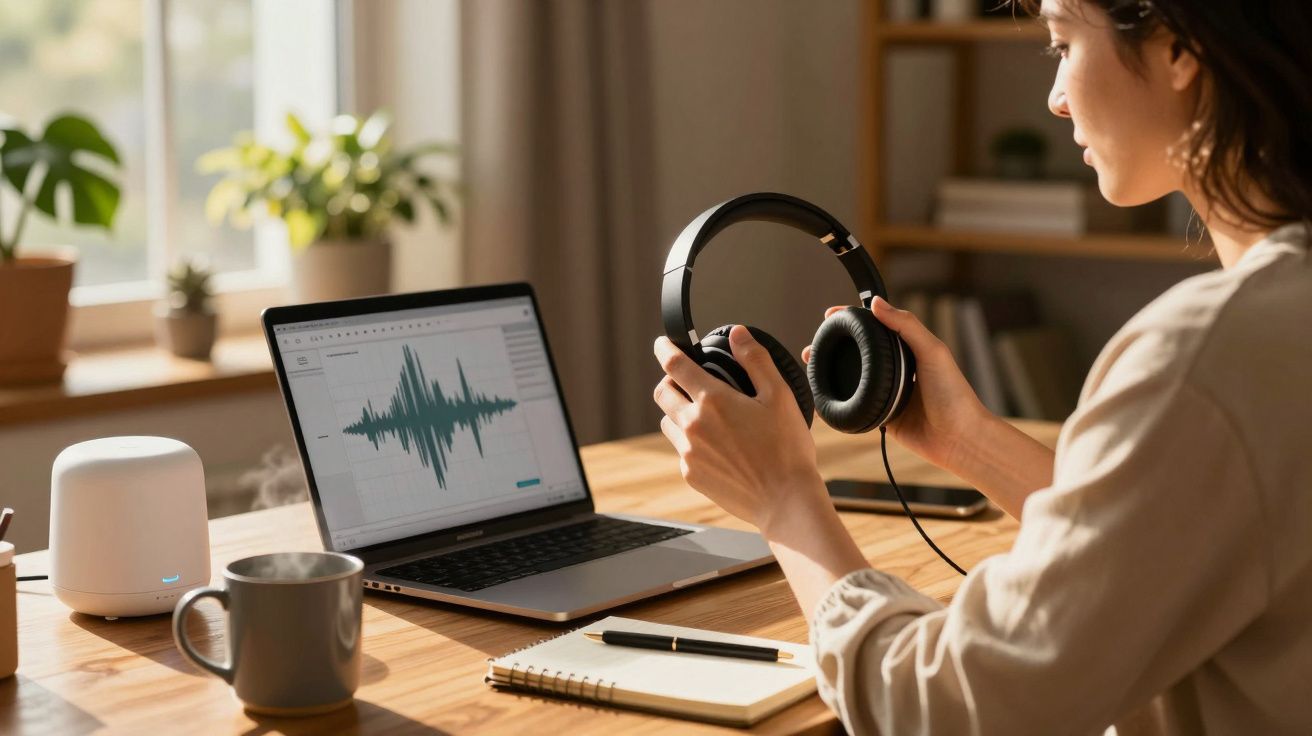 Pessoa a segurar auscultadores sentada numa mesa com computador portátil, caderno, caneta e chávena.