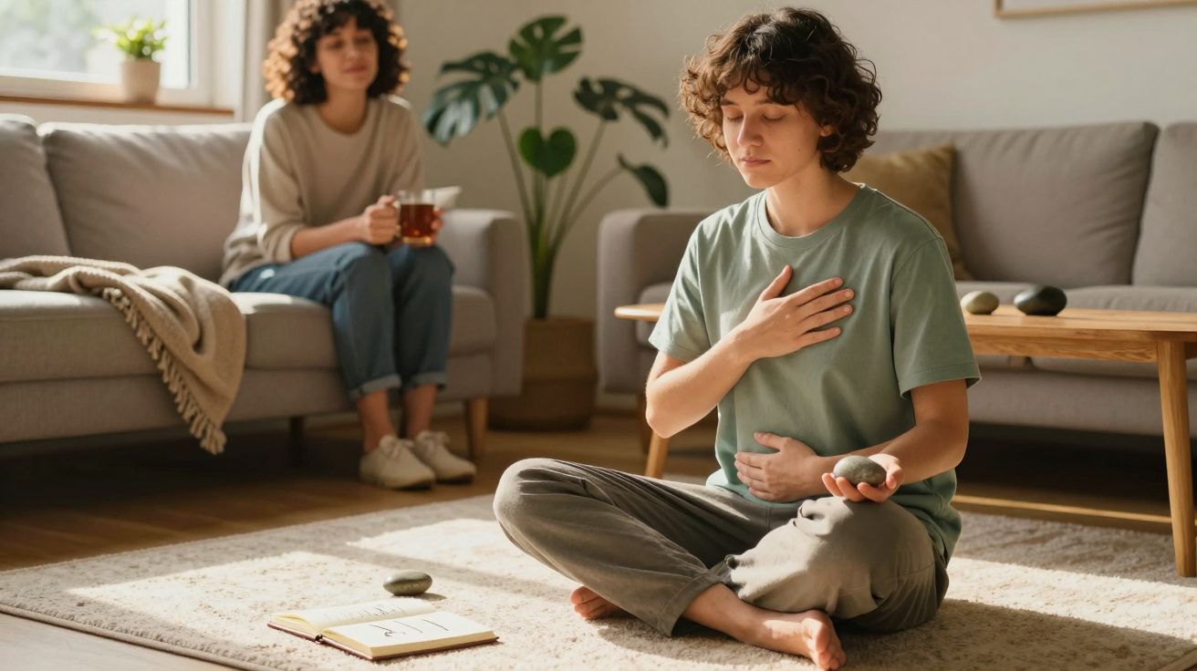 Pessoa jovem sentada no chão a meditar segurando pedras, outra pessoa sentada no sofá com chá.