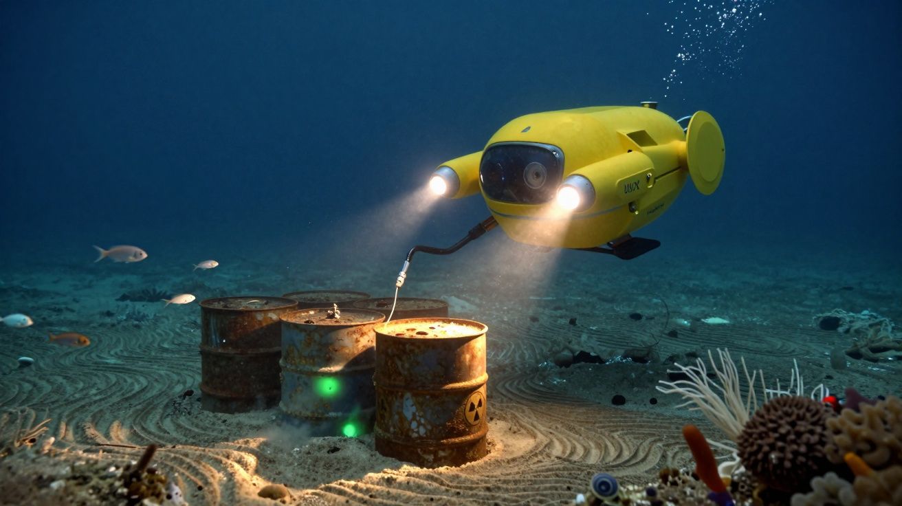 Veículo subaquático amarelo com luzes iluminando barris enferrujados no fundo do mar.