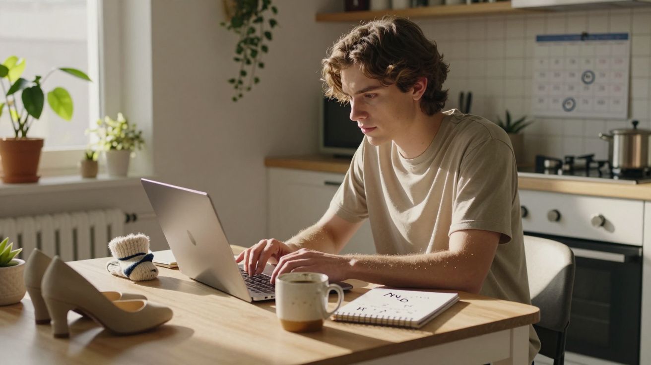 Jovem a trabalhar num portátil numa cozinha, com caderno, caneca e sapatos sobre a mesa.