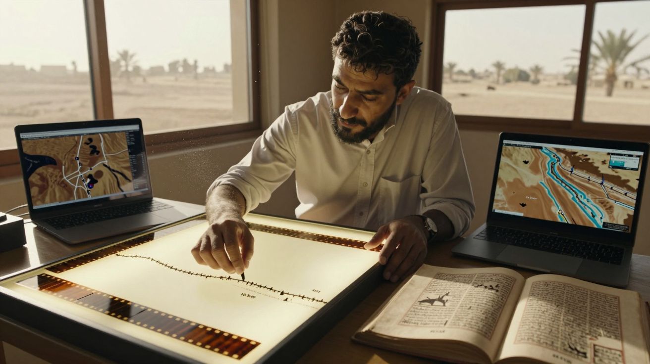 Homem analisa e marca negativos fotográficos sobre mesa iluminada com laptops e livro aberto ao lado.