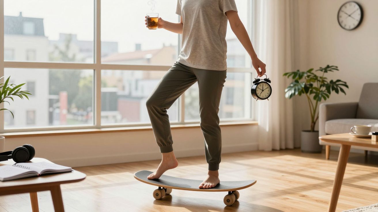 Pessoa em casa equilibrada numa prancha de equilíbrio, segurando um relógio e um chá quente numa sala iluminada.