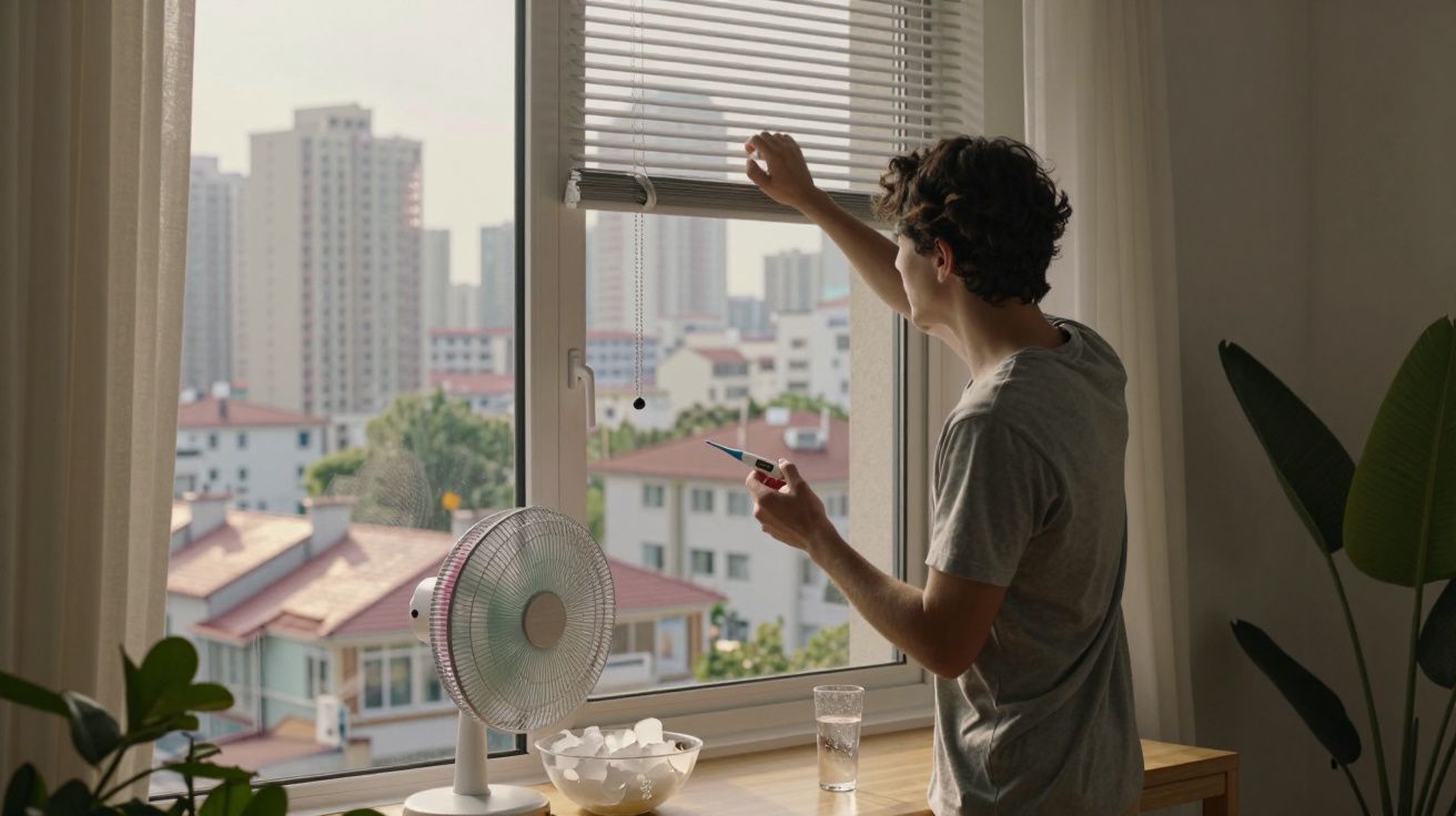Homem de pé junto à janela com viseira a olhar para um termómetro, com ventoinha e gelo na mesa.