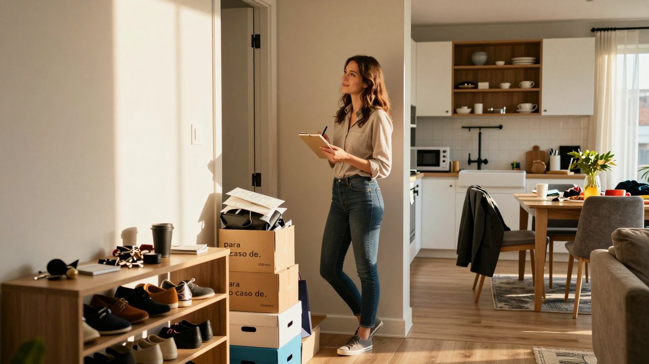 Mulher jovem em pé numa casa nova, a olhar para a parede, segurando um bloco de notas e caneta.