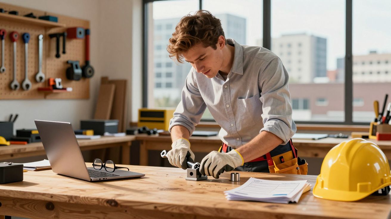 Jovem engenheiro a trabalhar numa peça metálica numa bancada de madeira, com capacete amarelo e computador.