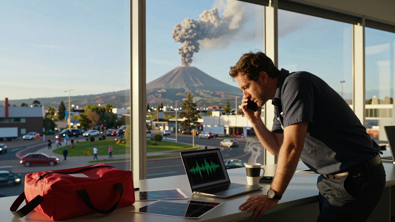 Homem ao telefone num escritório com vista para vulcão em erupção e lava a descer a encosta.