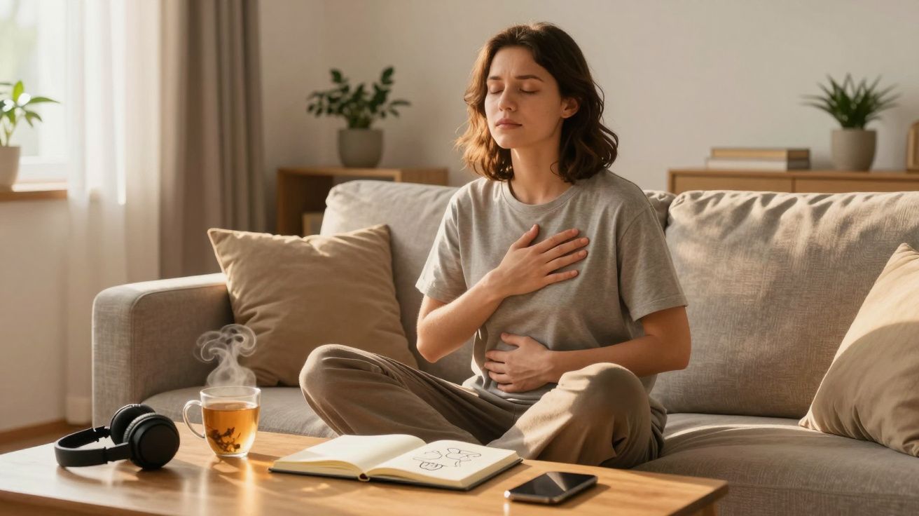 Mulher sentada no sofá com olhos fechados, mãos no peito e estômago, indicando desconforto.