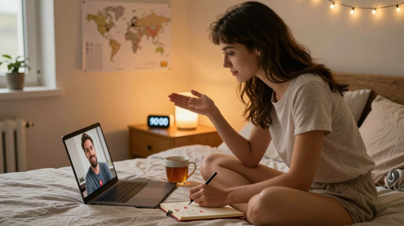 Mulher sentada na cama participa em videochamada enquanto faz anotações num caderno à noite.