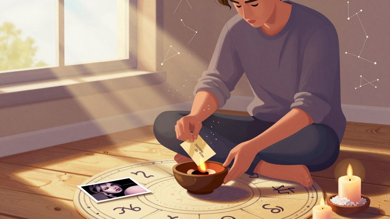 Pessoa sentada no chão a queimar papel numa vela dentro de um círculo com símbolos astrológicos.