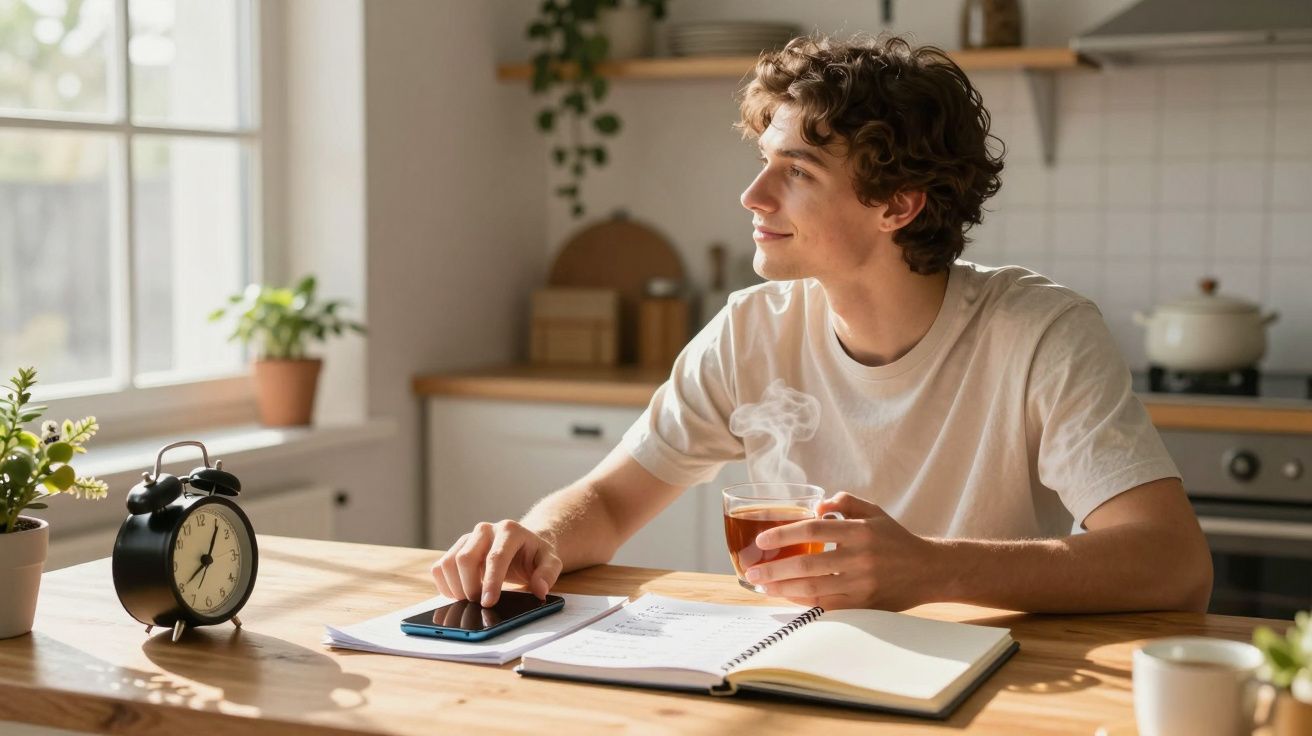 Jovem sentado à mesa, a desfrutar chá quente, olhando pela janela numa manhã iluminada de cozinha.