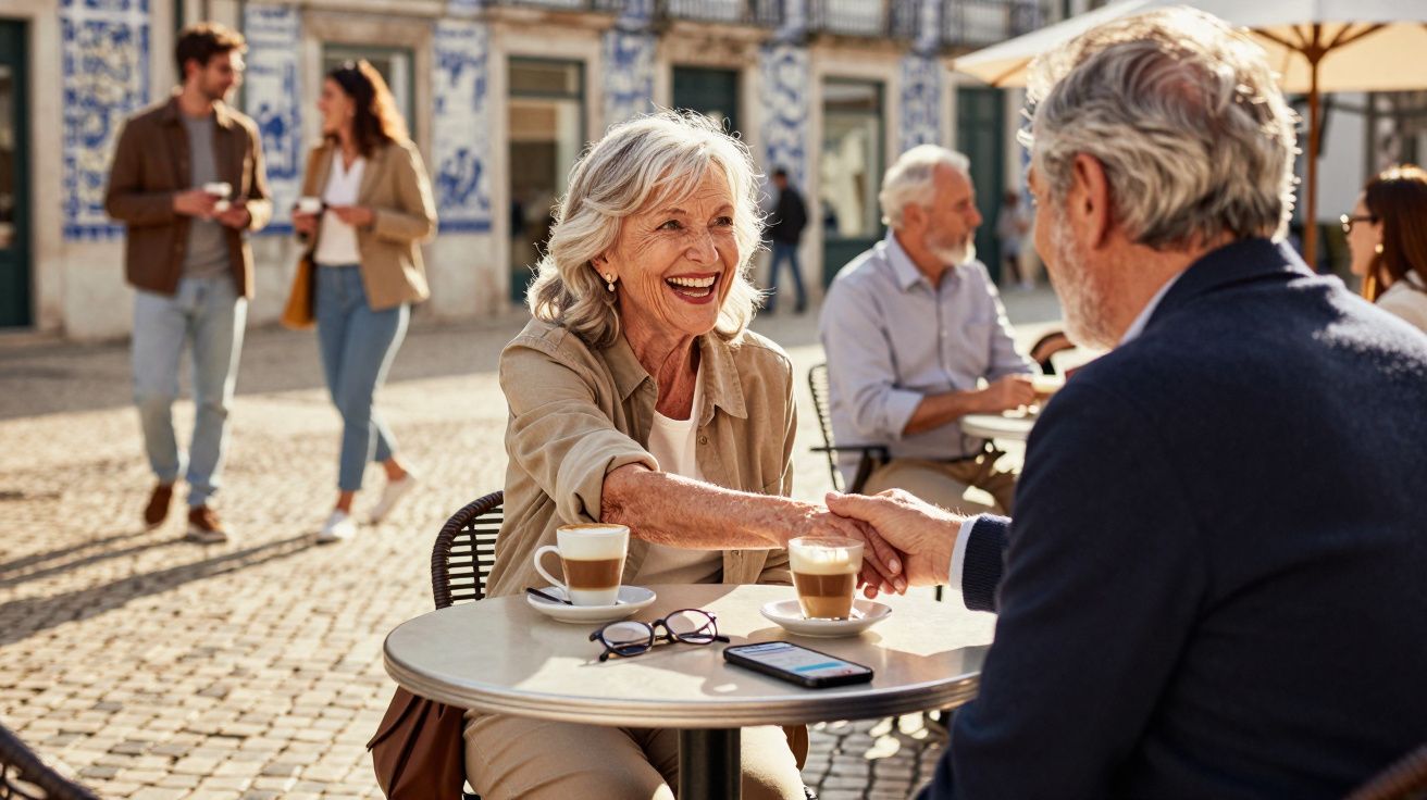 Casal sénior sorridente a apertar as mãos numa esplanada com cafés, numa rua com azulejos portugueses ao fundo.