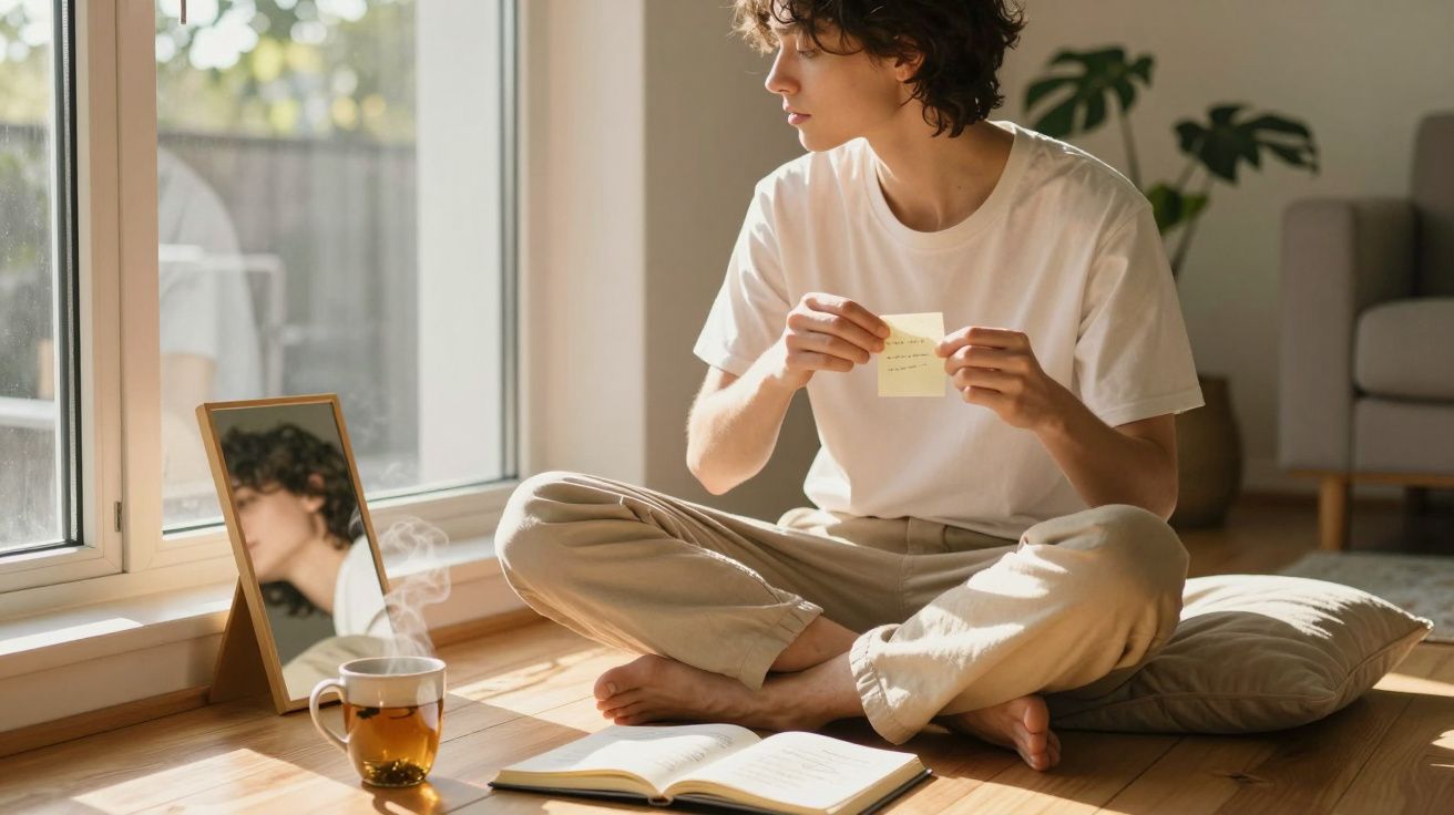 Pessoa sentada no chão junto a janela, com caderno aberto, chá fumegante e espelho no chão ao lado.