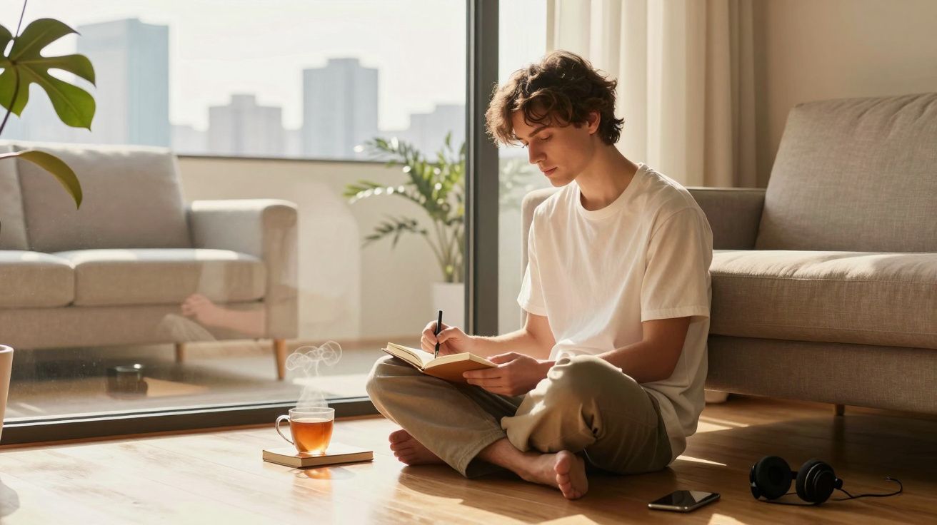 Jovem sentado no chão, a escrever num caderno, ao lado de chá fumegante e auscultadores num apartamento luminoso.