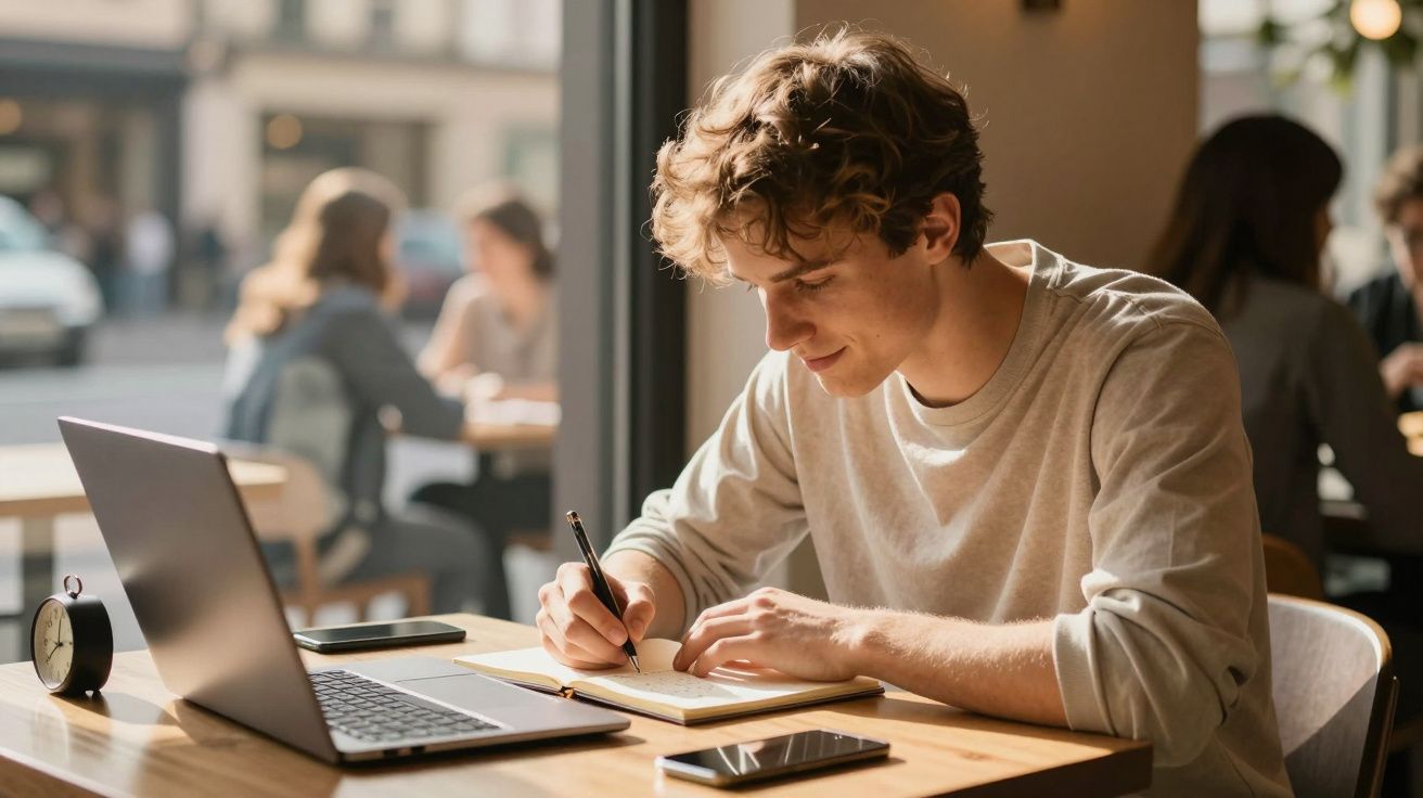 Homem jovem a escrever num caderno com portátil e telemóvel numa mesa, em ambiente de café.