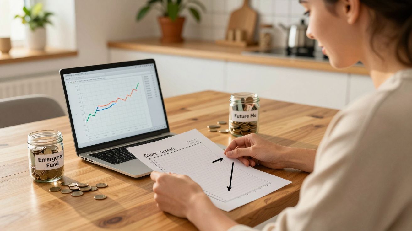 Pessoa a analisar gráficos financeiros em papel com computador e frascos de moedas etiquetados em fundo doméstico.