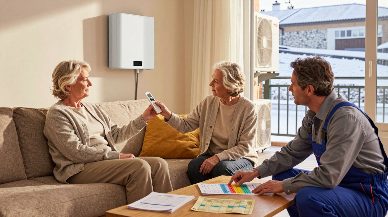 Duas senhoras sentadas no sofá com técnico em casa a instalar ou explicar funcionamento de um aparelho na parede.