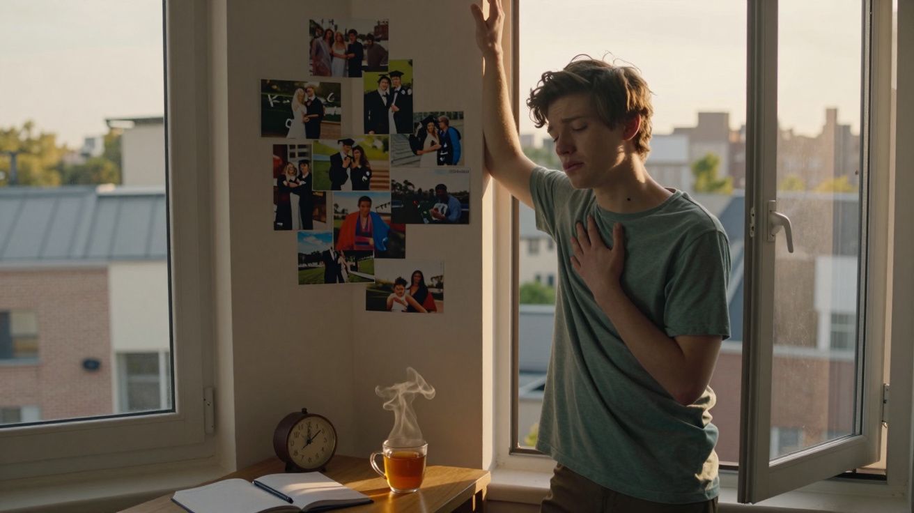 Jovem apoiado numa parede junto a janela aberta, com mão no peito, à luz do fim de tarde.