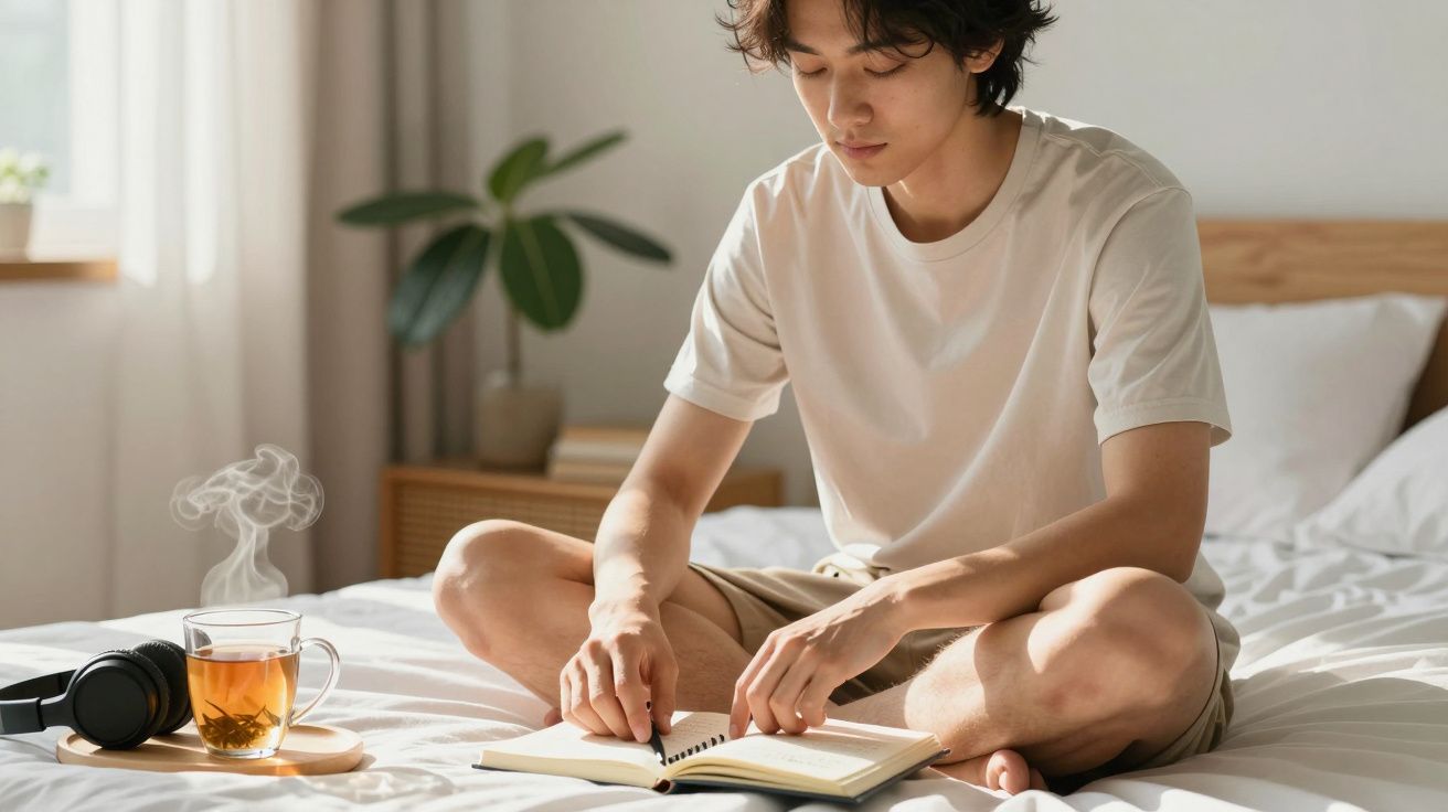 Pessoa sentada na cama a ler um livro, com chá quente e auscultadores ao lado.