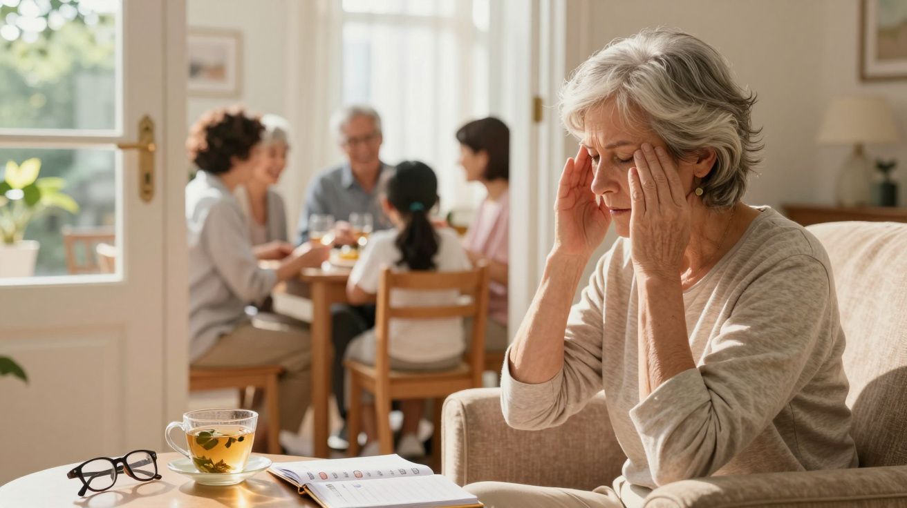 Mulher sénior com expressão de dor a tocar a cabeça, enquanto uma família conversa ao fundo numa sala iluminada.