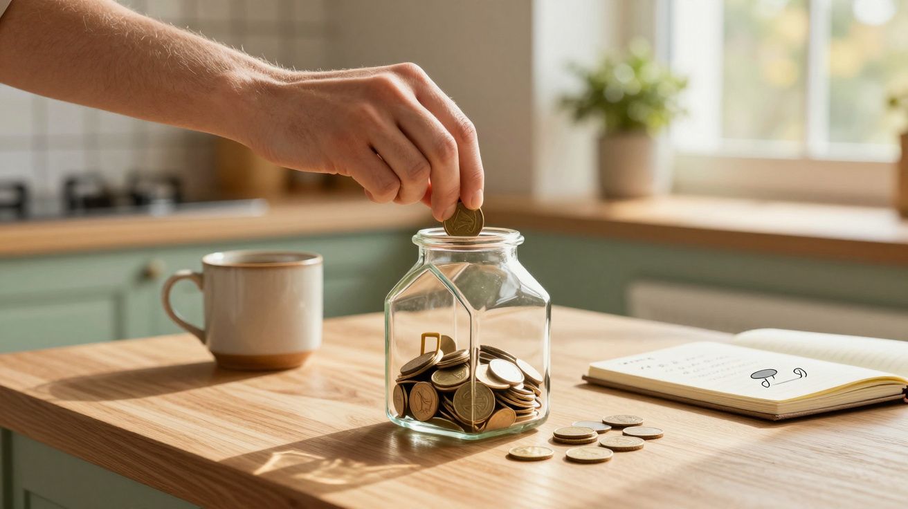 Mão a colocar uma moeda num frasco de vidro com moedas sobre uma mesa de madeira, junto a uma caneca e um caderno aberto.