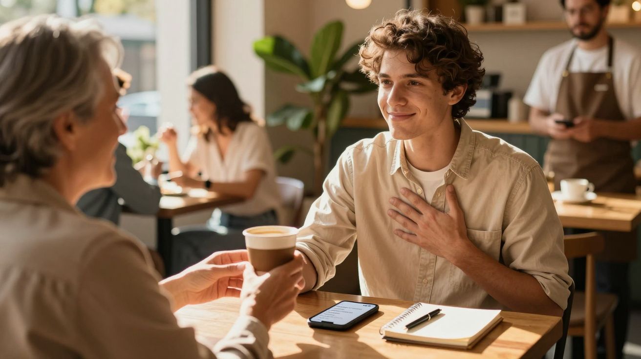 Jovem a agradecer enquanto recebe café de outra pessoa numa cafeteria iluminada e acolhedora.