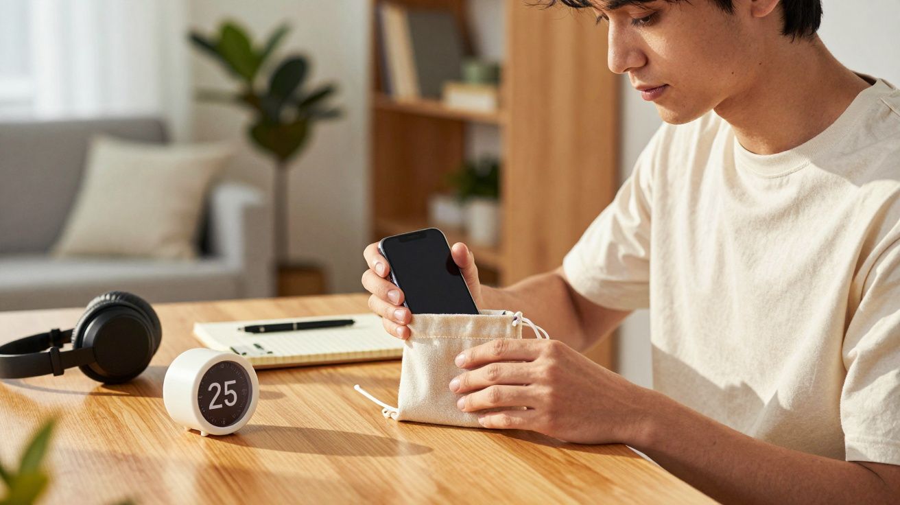 Jovem sentado à mesa a guardar um telemóvel numa bolsa de pano, com auscultadores e relógio digital à frente.