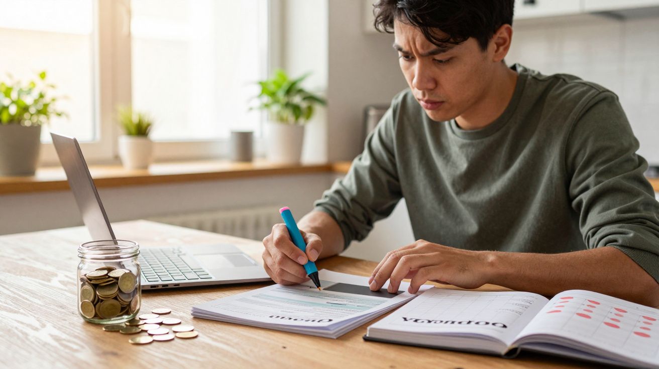 Homem sentado a escrever em documentos numa mesa com computador, livros, e frasco com moedas.
