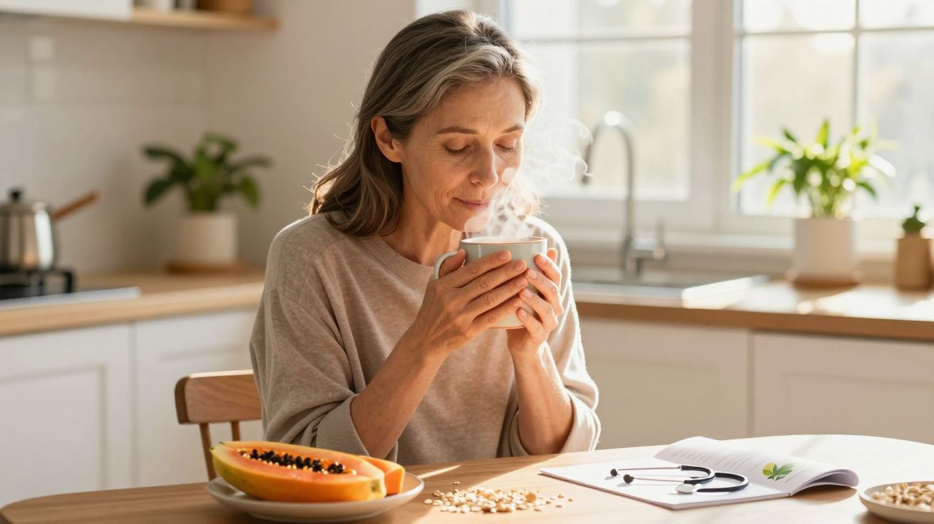 Mulher sentada à mesa na cozinha a cheirar bebida quente, com papaia e livro aberto à frente.