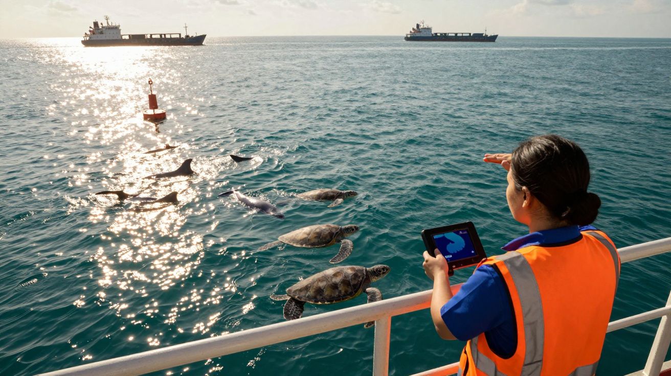 Pessoa com colete laranja regista tartarugas e golfinhos no mar a partir de um barco, com navios ao longe.