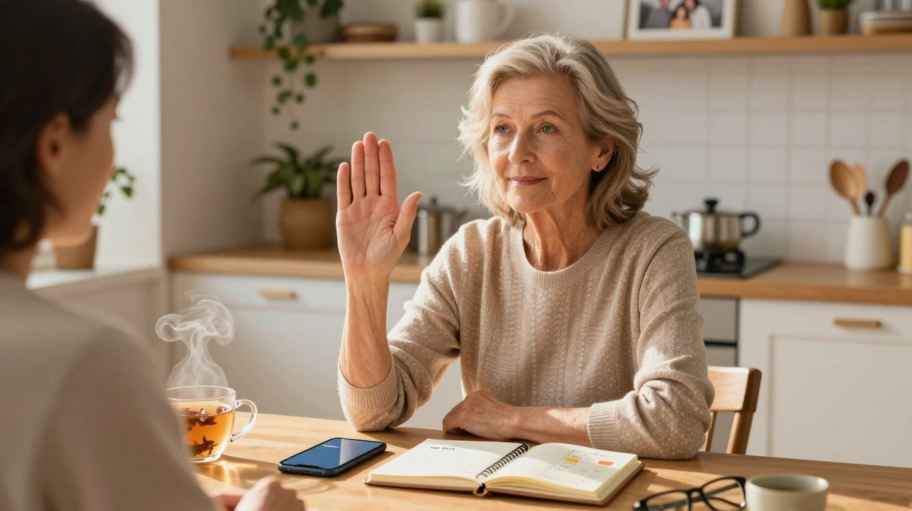 Idosa sentada numa cozinha, a levantar a mão, com agenda aberta e chá fumegante na mesa.