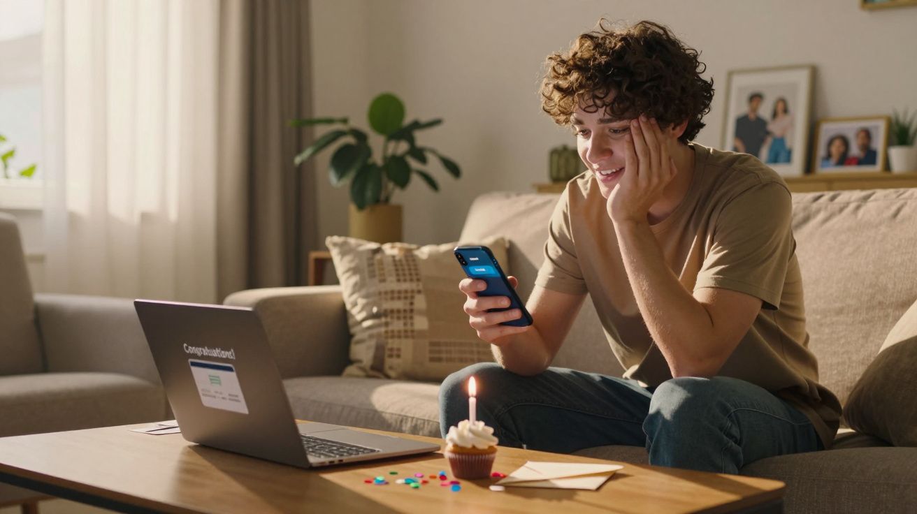 Homem jovem sorridente a olhar para o telemóvel, sentado no sofá com cupcake e portátil à frente.
