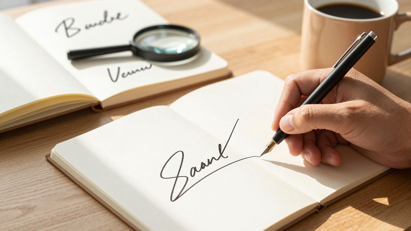 Mão a assinar um livro aberto numa mesa com chávena, lupa e outro livro ao fundo.