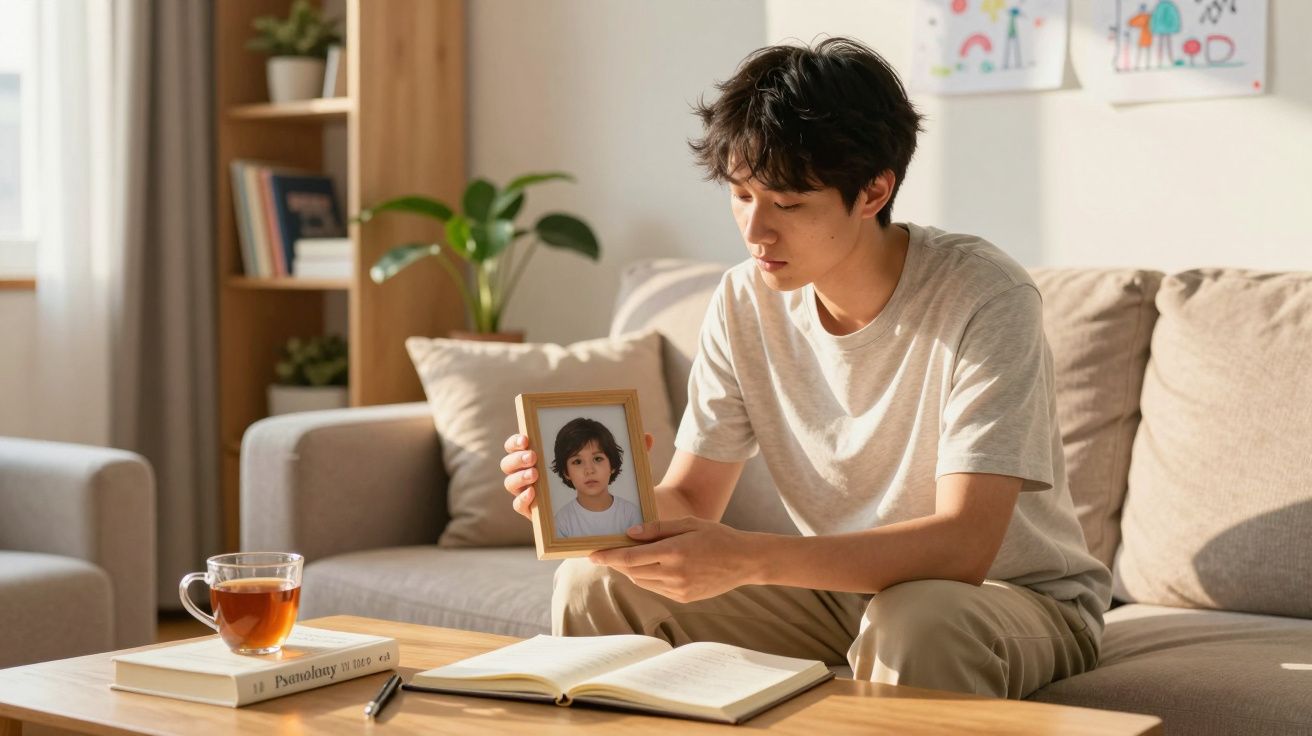 Jovem sentado no sofá segurando uma foto de criança, com livro aberto e chá na mesa à frente.