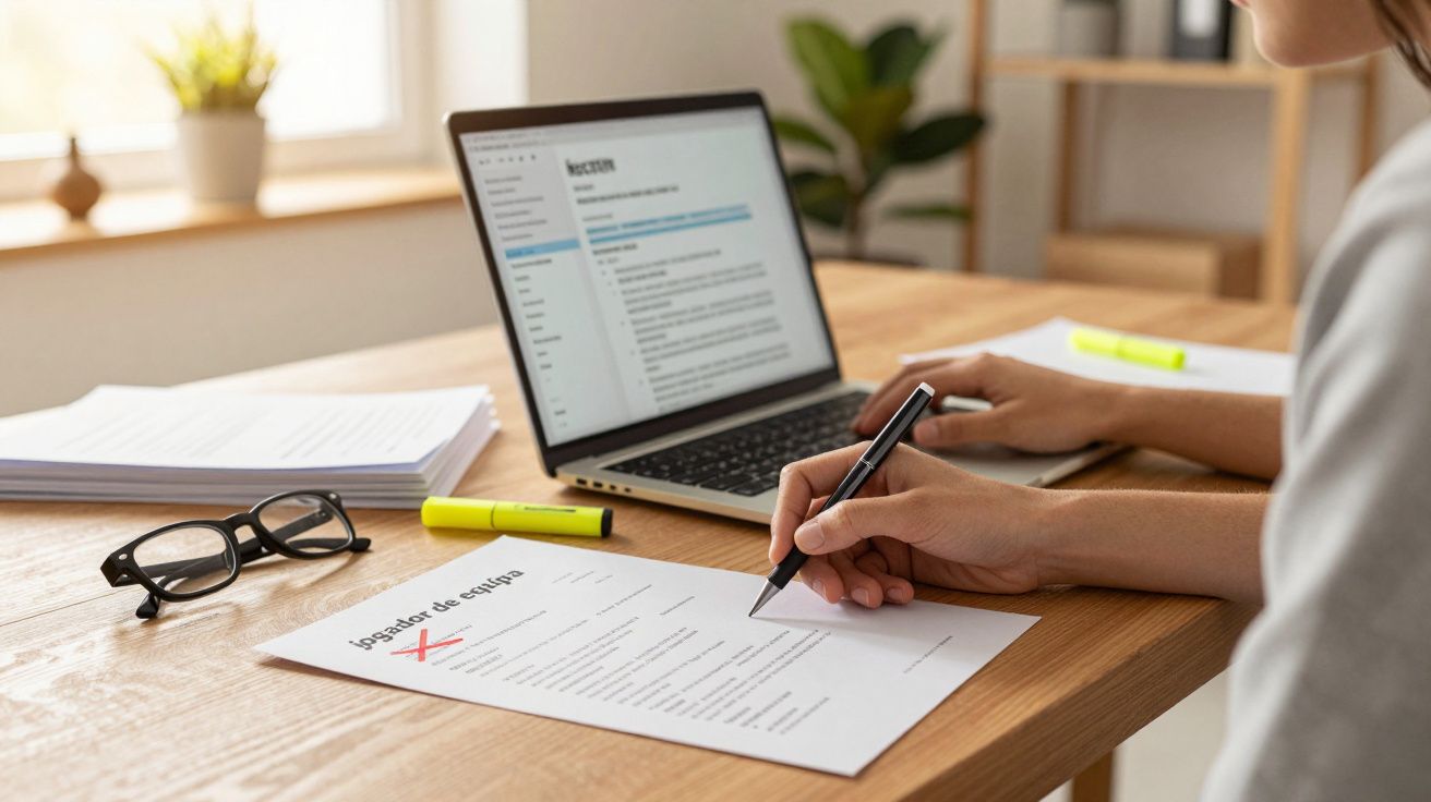 Pessoa a preencher currículo junto a computador portátil, marcadores e óculos sobre mesa de madeira.