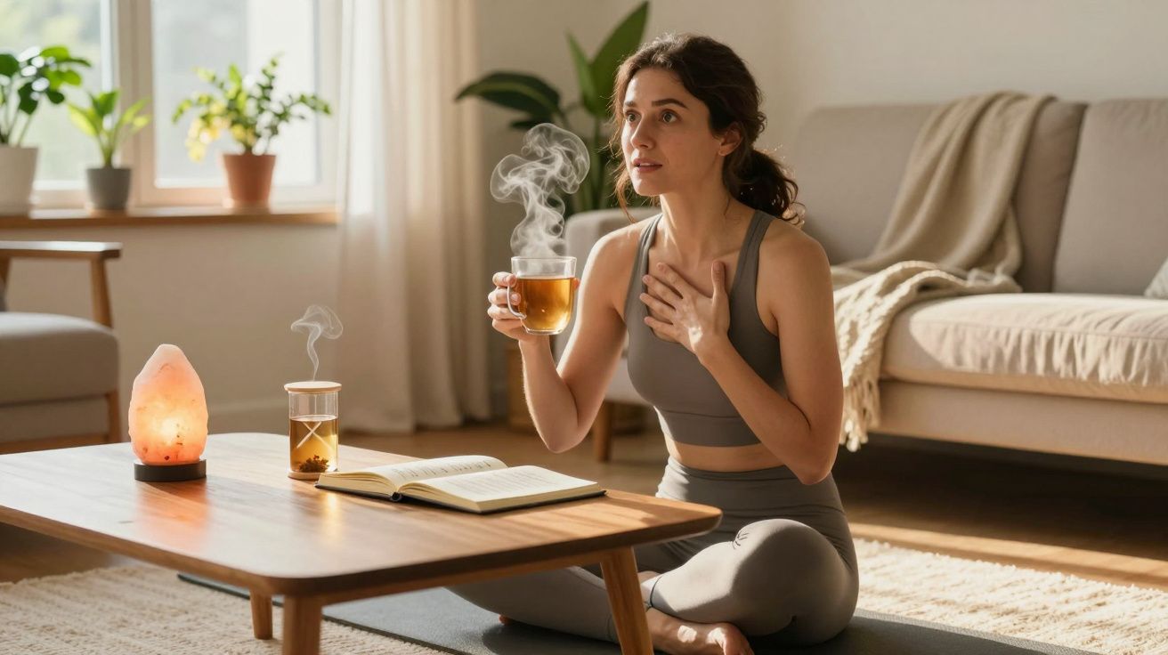 Mulher sentada no chão a beber chá quente e a ler livro numa sala acolhedora e luminosa.