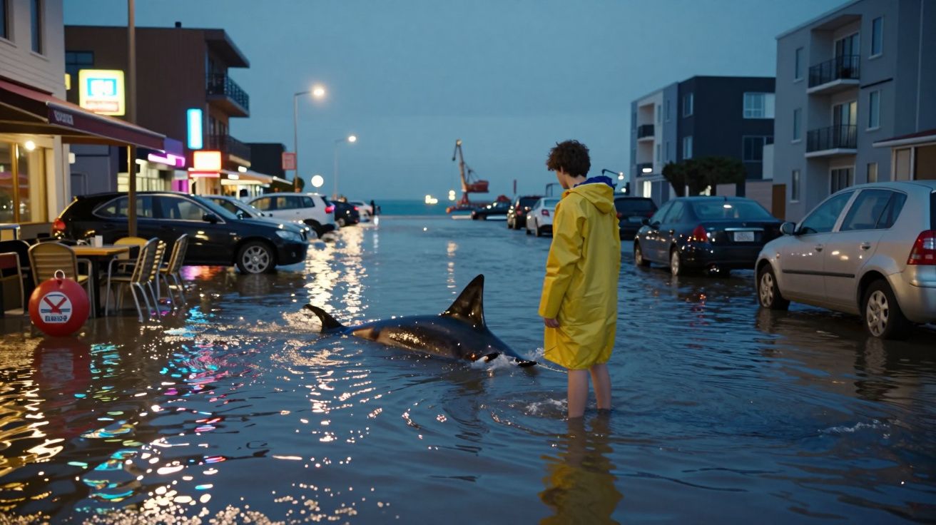Jovem com impermeável amarelo observa tubarão em rua inundada numa zona urbana ao anoitecer.