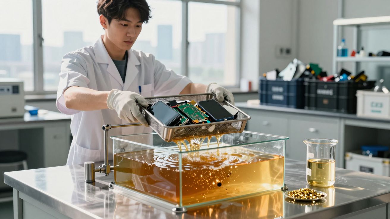 Homem a limpar circuitos eletrónicos num tanque com líquido dourado num laboratório moderno.
