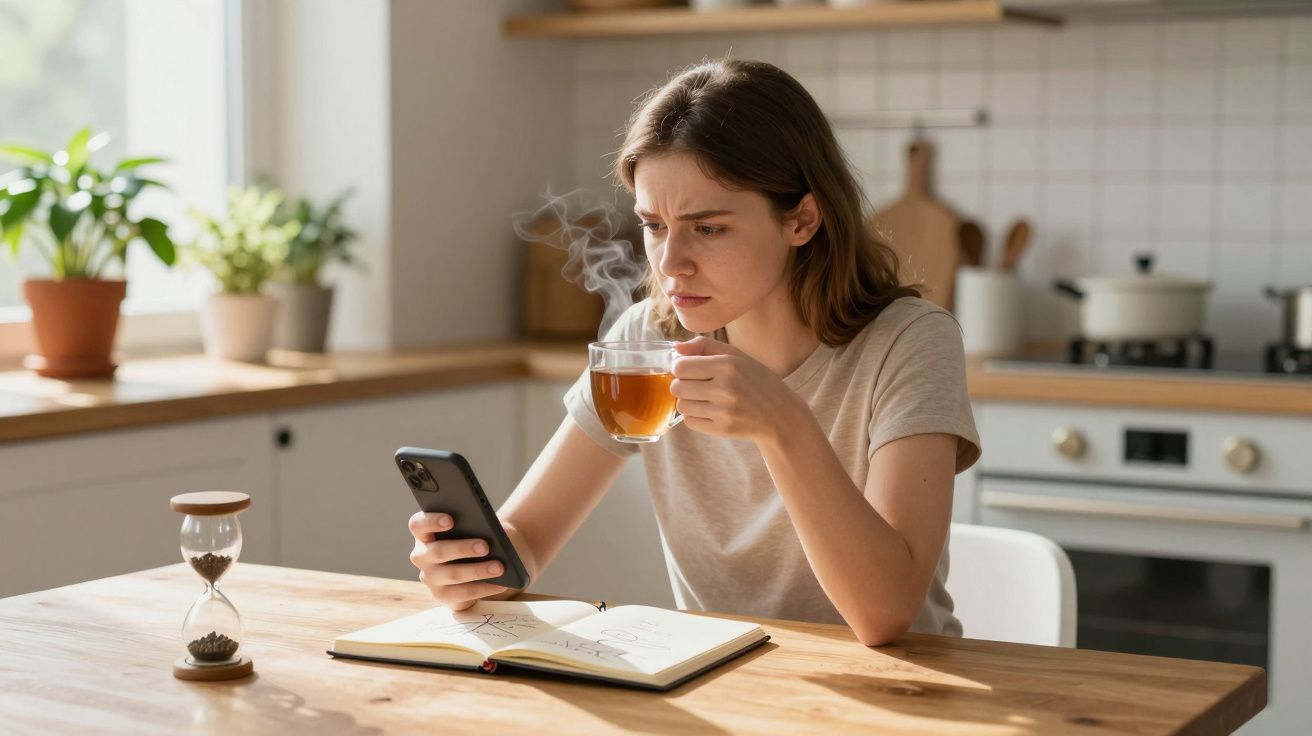Mulher sentada na cozinha a beber chá quente e a olhar com concentração para o telemóvel, com bloco de notas aberto.
