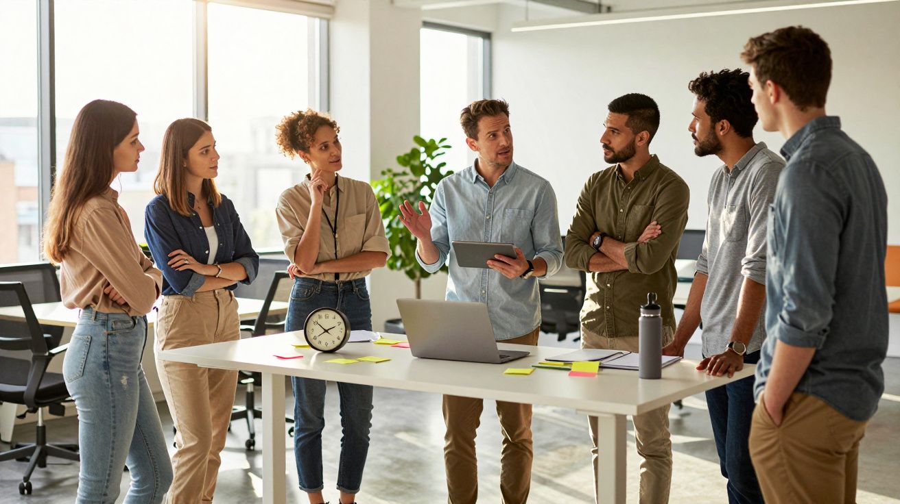 Grupo de jovens profissionais em reunião de trabalho em escritório moderno, em volta de mesa com laptop e relógio.