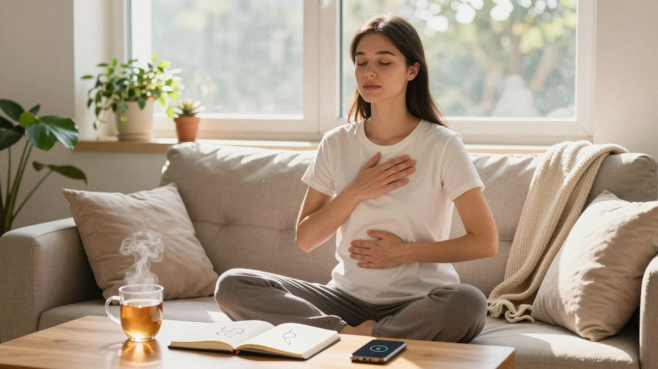 Mulher jovem sentada no sofá a meditar, mão no peito, em ambiente calmo com chá e caderno na mesa.
